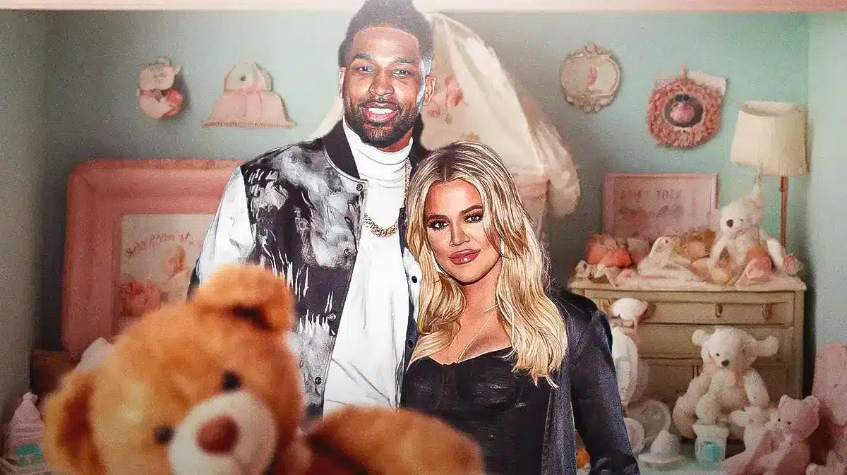 Khloé Kardashian and Tristan Thompson with baby items in the background