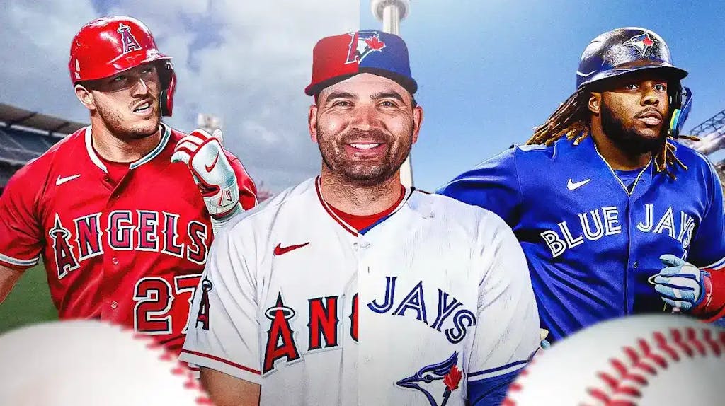 Angels' Mike Trout on the left and Blue Jays' Vladimir Guerrero Jr. on the right, with Joey Votto wearing a half Angels/Blue Jays uniform in the middle