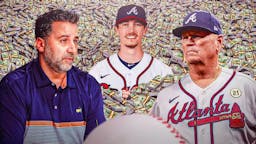 Braves' Max Fried swimming in a pool of cash, with Alex Anthopoulos and Brian Snitker looking worried