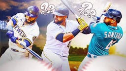 Carlos Santana in Brewers, Pirates, and Mariners unis, swinging the bat, with a question mark in the middle