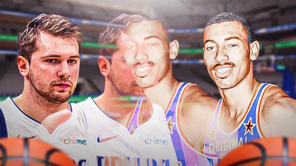 Mavericks guard Luka Doncic is on left, merging into Wilt Chamberlain, on the right