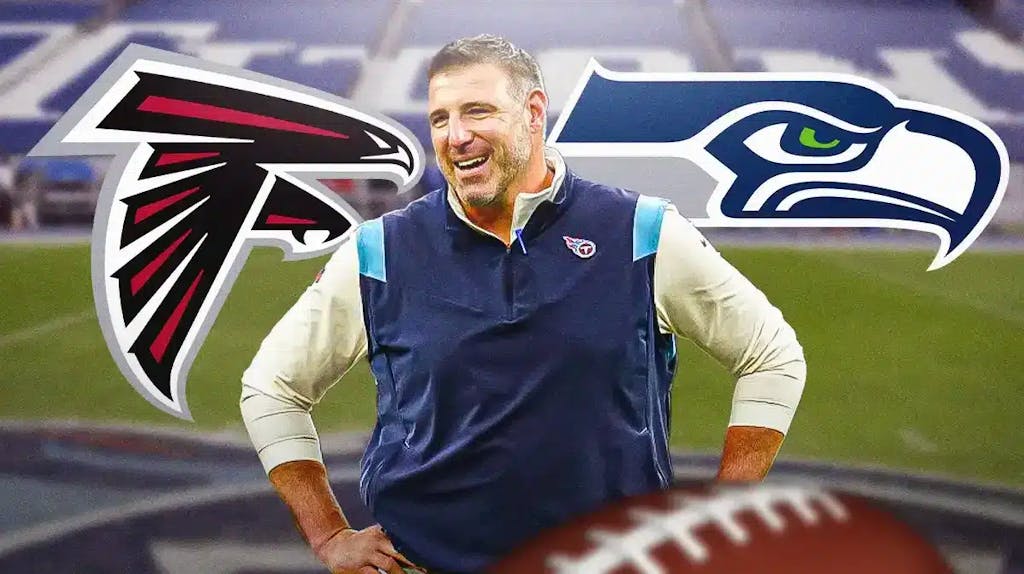 Mike Vrabel next to the Falcons and Seahawks logos