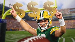 Packers QB Jordan Love surrounded by dollar signs