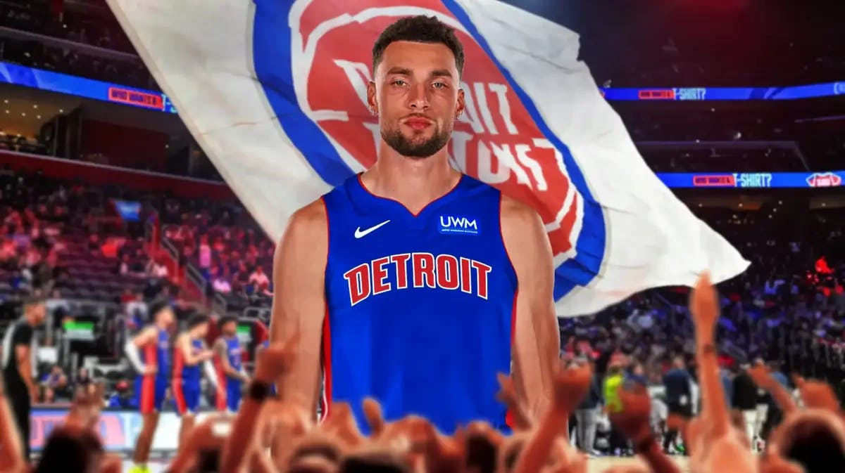 Zach Lavine in a Pistons jersey in front of a Pistons flag at Little Caesars Arena