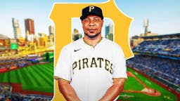 Wily Peralta in front of a Pirates logo at PNC Park