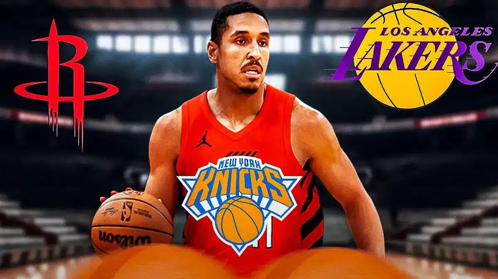 Malcolm Brogdon surrounded by the Rockets, Lakers, and Knicks logos