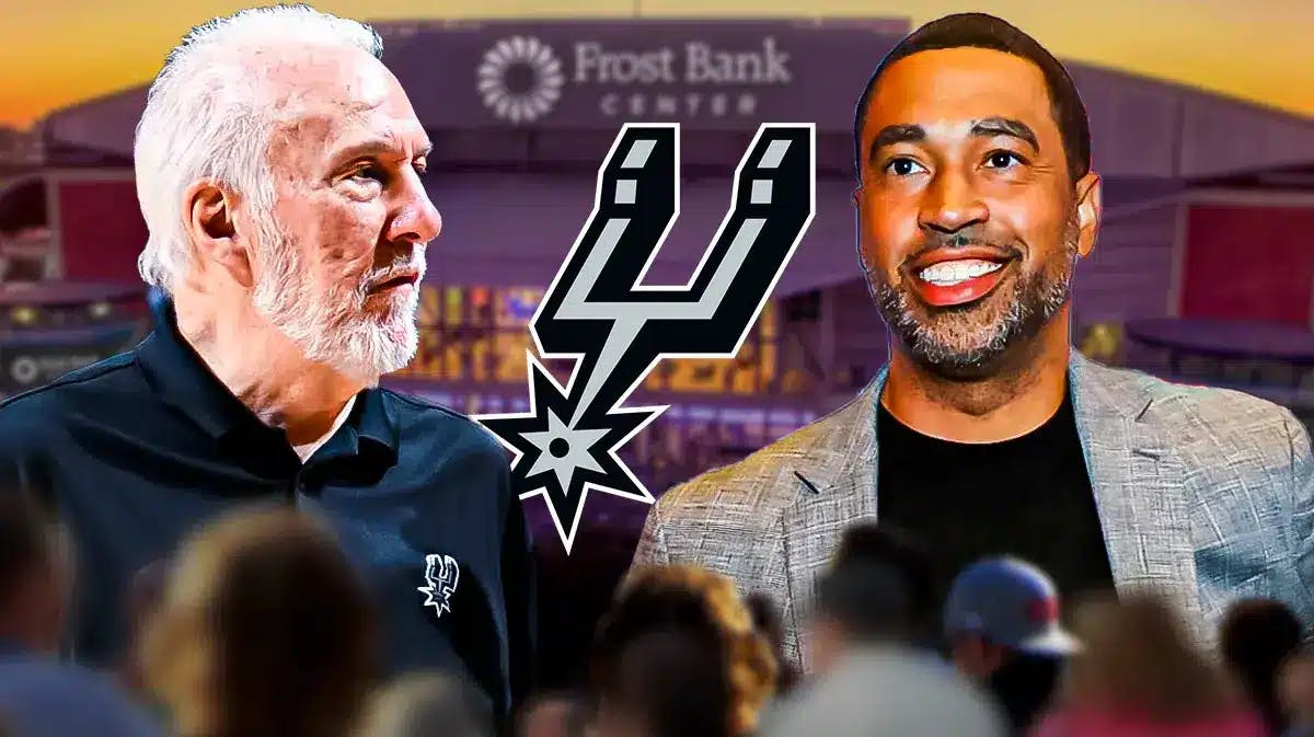 Gregg Popovich and Brian Wright with a Spurs logo between them in front of Frost Bank Center
