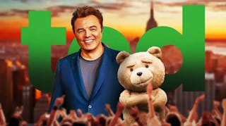 Ted logo and bear with Seth MacFarlane.