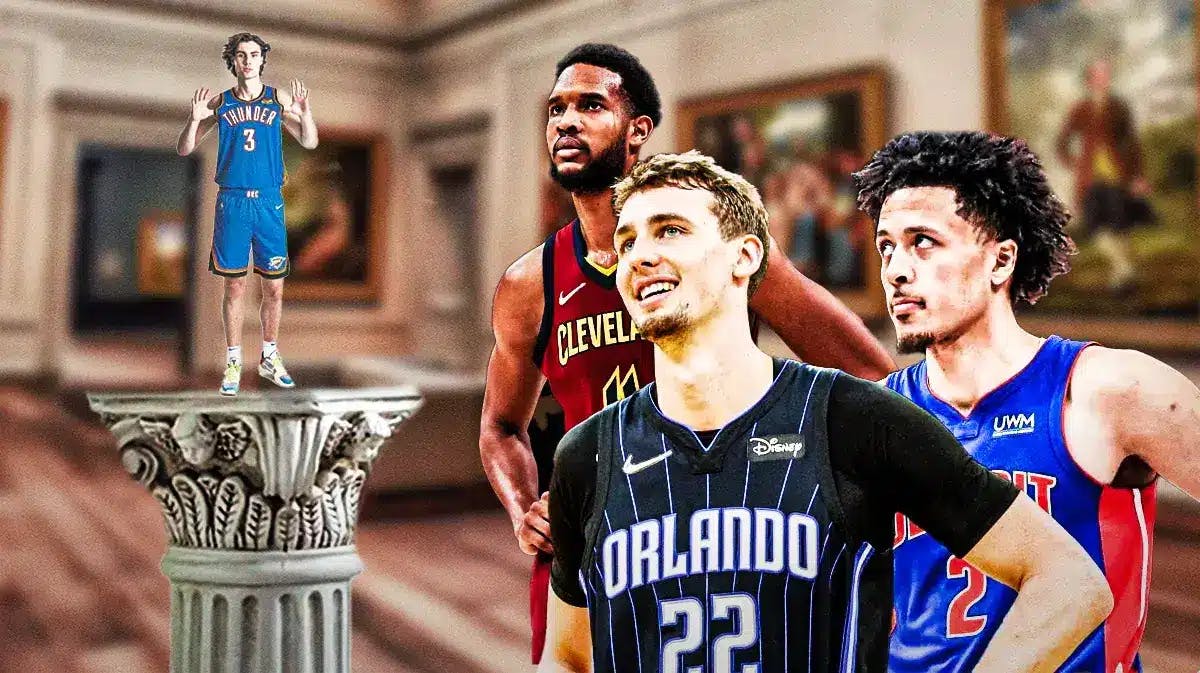 Thunder’s Josh Giddey on a pedestal, with Pistons' Cade Cunningham, Magic’s Franz Wagner, and Cavs' Evan Mobley looking up at Giddey