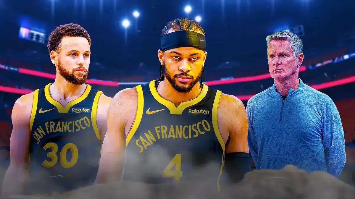 Steve Kerr, Stephen Curry looking worried at Warriors' Moses Moody