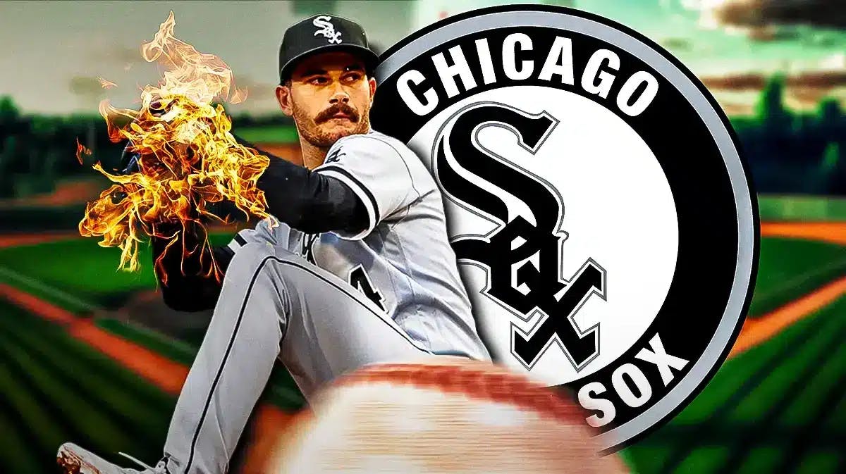 White Sox Dylan Cease throwing a pitch with his arm on fire. Background is Guaranteed Rate Field half if nighttime half is daytime