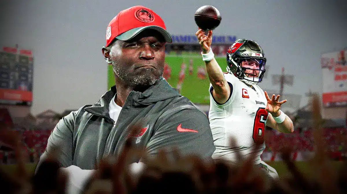Buccaneers' Todd Bowles in front looking serious. Buccaneers' Baker Mayfield throwing a football in background.