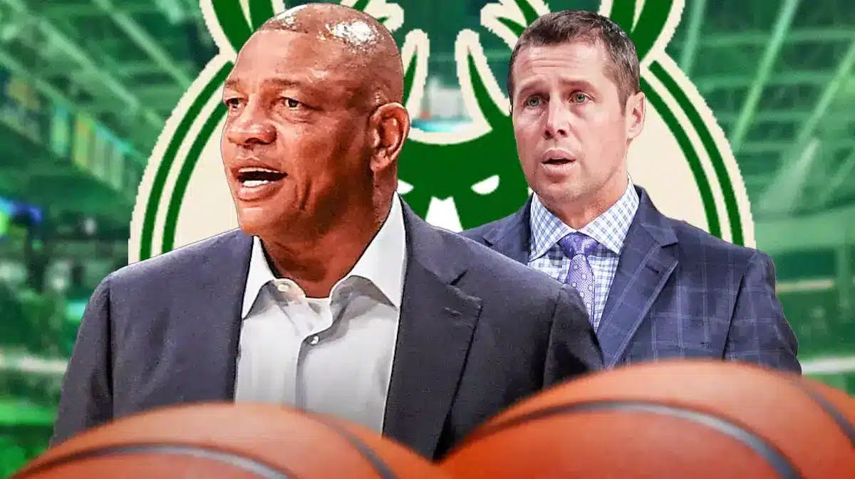 Former 76ers coach Doc Rivers standing in front of Bucks logo, Former Sixers assistant standing out of frame