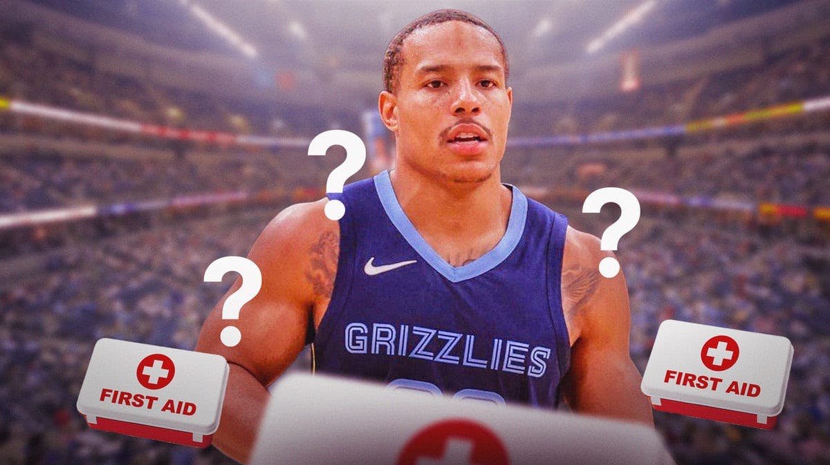 Grizzlies' Desmond Bane with question marks and first-aid kit around him