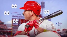 Reds' Joey Votto swinging a baseball bat. Place the eyes emoji all around him facing him.
