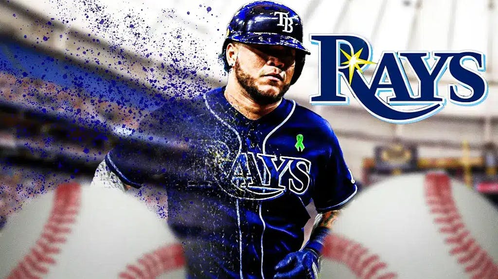 Harold Ramirez with half of his jersey fading away like Thanos. He is next to a Rays logo in front of Tropicana Field