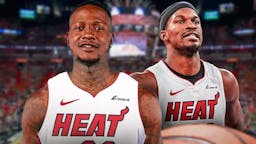 Terry Rozier in a Miami Heat jersey. Heat’s Jimmy Butler smiling next to him.