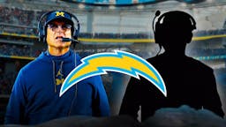 Los Angeles Chargers logo in middle. On left, Michigan’s Jim Harbaugh. On right, silhouette of Lions’ coach Ben Johnson.