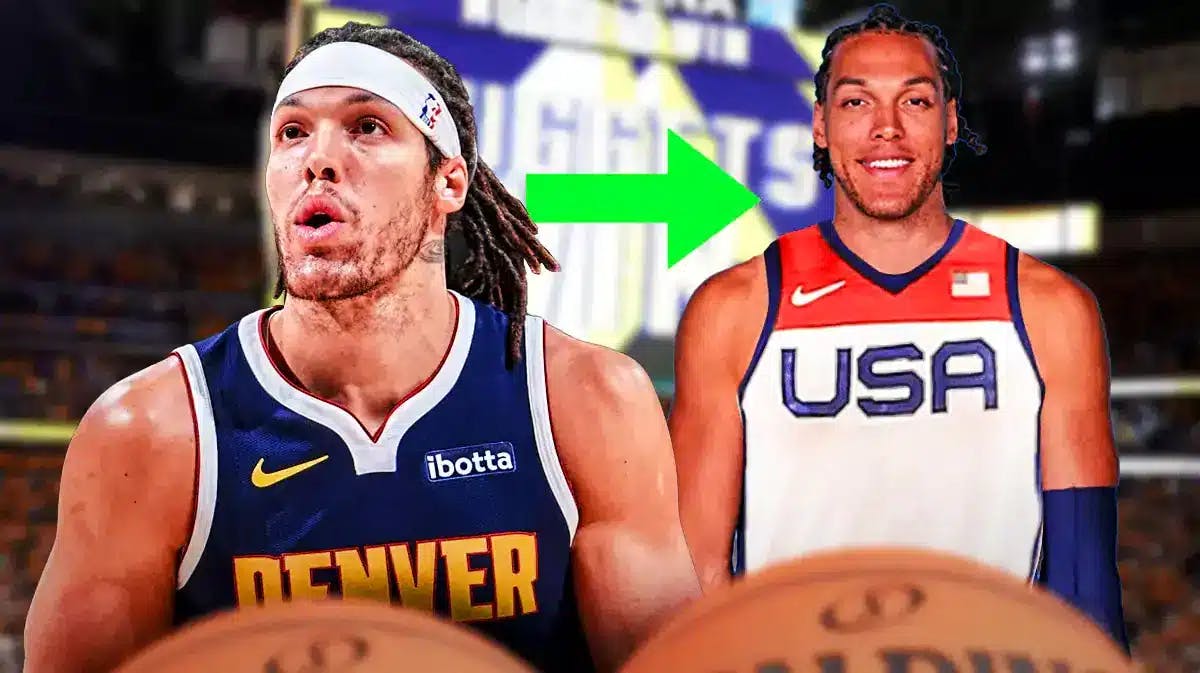 Aaron Gordon in his Nuggets jersey, then an arrow pointing from that photo, to the same photo of Aaron Gordon but in a team USA basketball jersey.