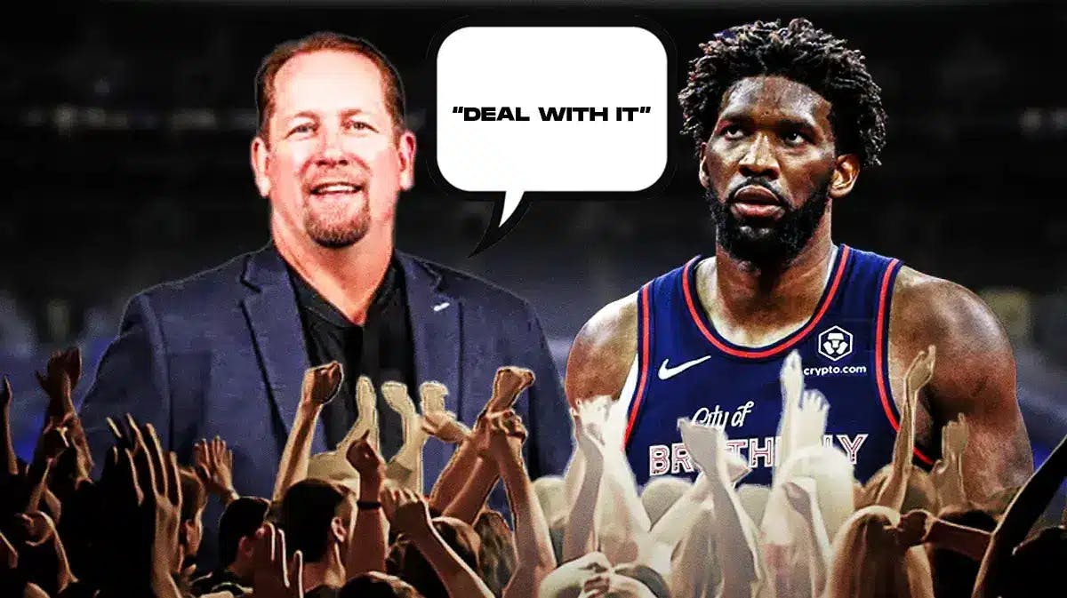 Daryl Morey saying “Deal with it” next to Joel Embiid