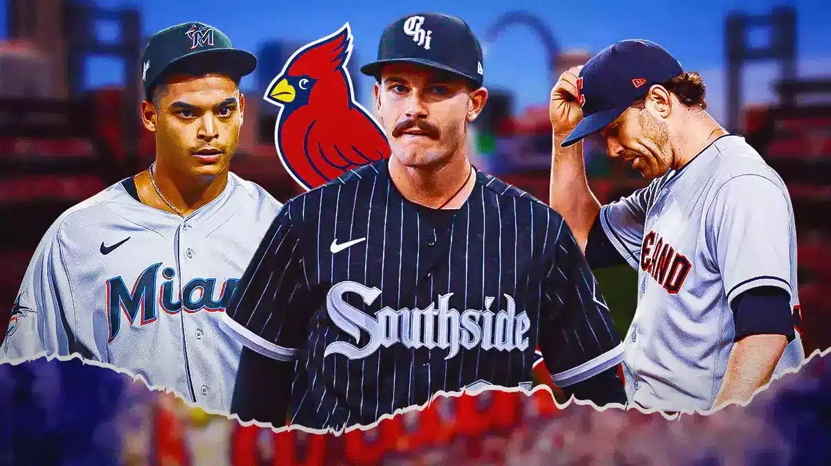 White Sox’s Dylan Cease, Guardians' Shane Bieber, Marlins' Jesus Luzardo all in image. St. Louis Cardinals' logo in background.