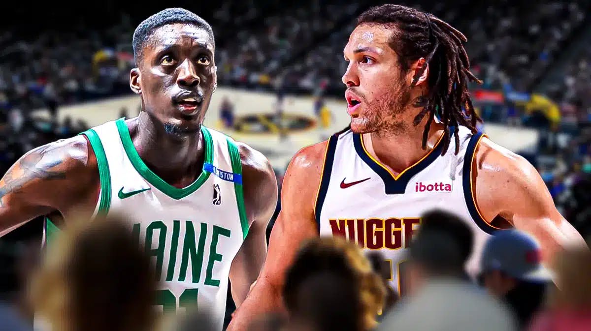 Aaron Gordon alongside Tony Snell with the Nuggets arena in the background, NBA