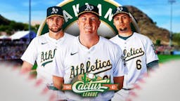 Zach Jackson, Seth Brown, Aledmys Diaz all together with Athletics logo in background and Cactus League logo in front.