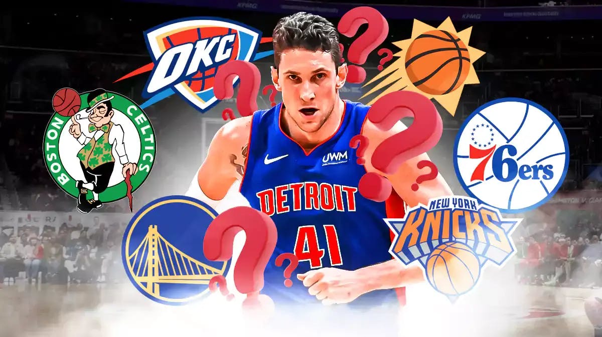 Mike Muscala with question marks and logos of Warriors, Celtics, Thunder, Suns, 76ers, and Knicks around him.