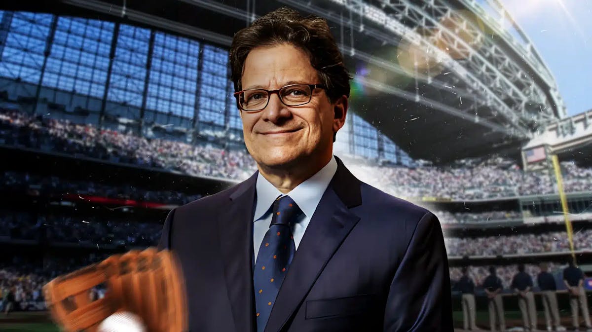 Brewers, Mark Attanasio, Mark Attanasio Brewers, NL Central, Brewers NL Central, Mark Attanasio (brewers owner) with Brewers stadium in the background