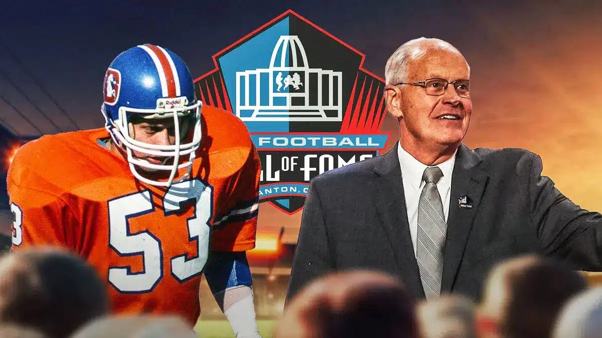 Randy Gradishar as well as a photo from his playing days in a Broncos uniform, Hall of Fame logo Denver Broncos