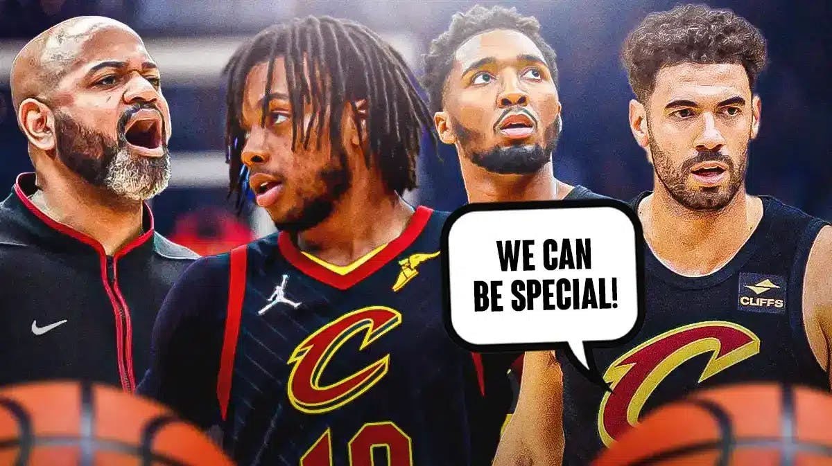 Cavs' Georges Niang saying "We can be special" next to JB Bickerstaff, Darius Garland and Donovan Mitchell