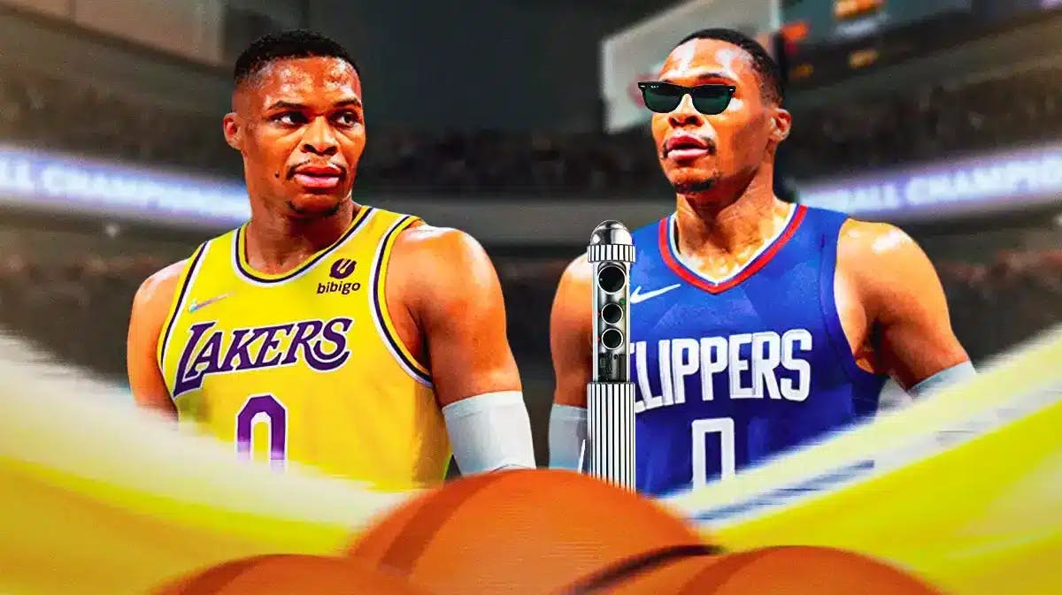 Clippers' Russell Westbrook wearing shades holding the neuralyzer from men in black, with Lakers Russell Westbrook looking at the neuralyzer