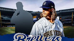 David Stearns as a silhouette. Josh Hader in a Brewers uniform. Brewers stadium in background