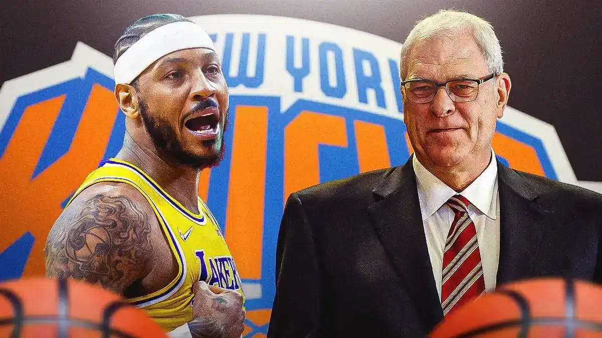 Former New York Knicks star Carmelo Anthony and Phil Jackson in front of the team's logo.