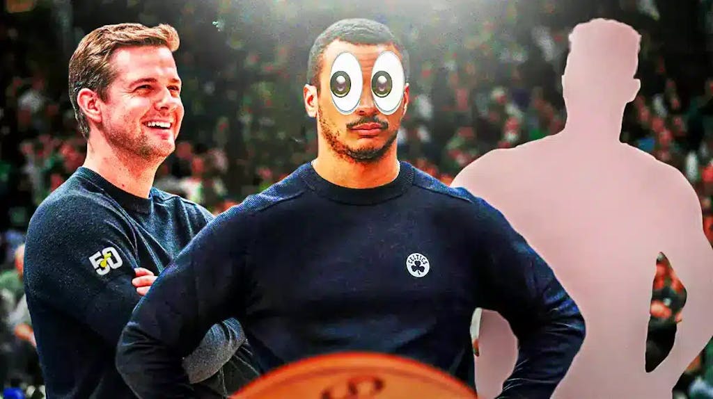 Celtics Joe Mazzulla with emoji eyes in his eyes next to Jazz Will Hardy and a silhouette of Simone Fontecchio