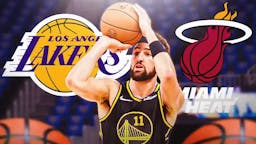 Klay Thompson next to the Lakers and Heat logos.