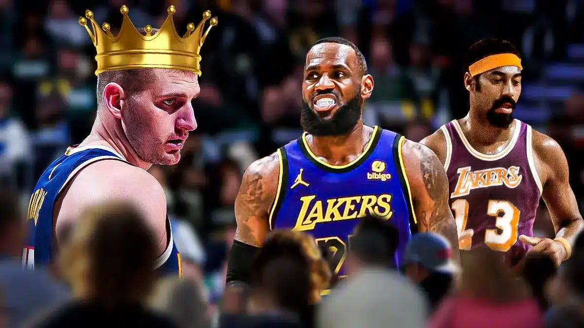Nuggets' Nikola Jokic with a crown on, looking at LeBron James and Wilt Chamberlain.
