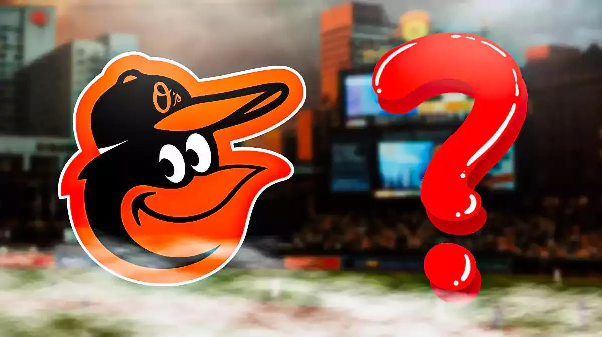 Orioles' logo on left. Question mark on right. Camden Yards background.