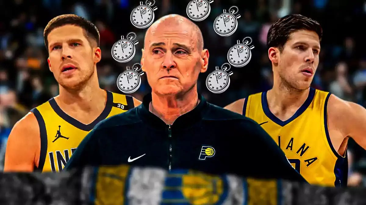 Pacers' Doug McDermott (2024 version) on the left, with Rick Carlisle in the middle, with McDermott in a Pacers uniform (2018 version) on the right, with a huge stopwatch on top of Carlisle
