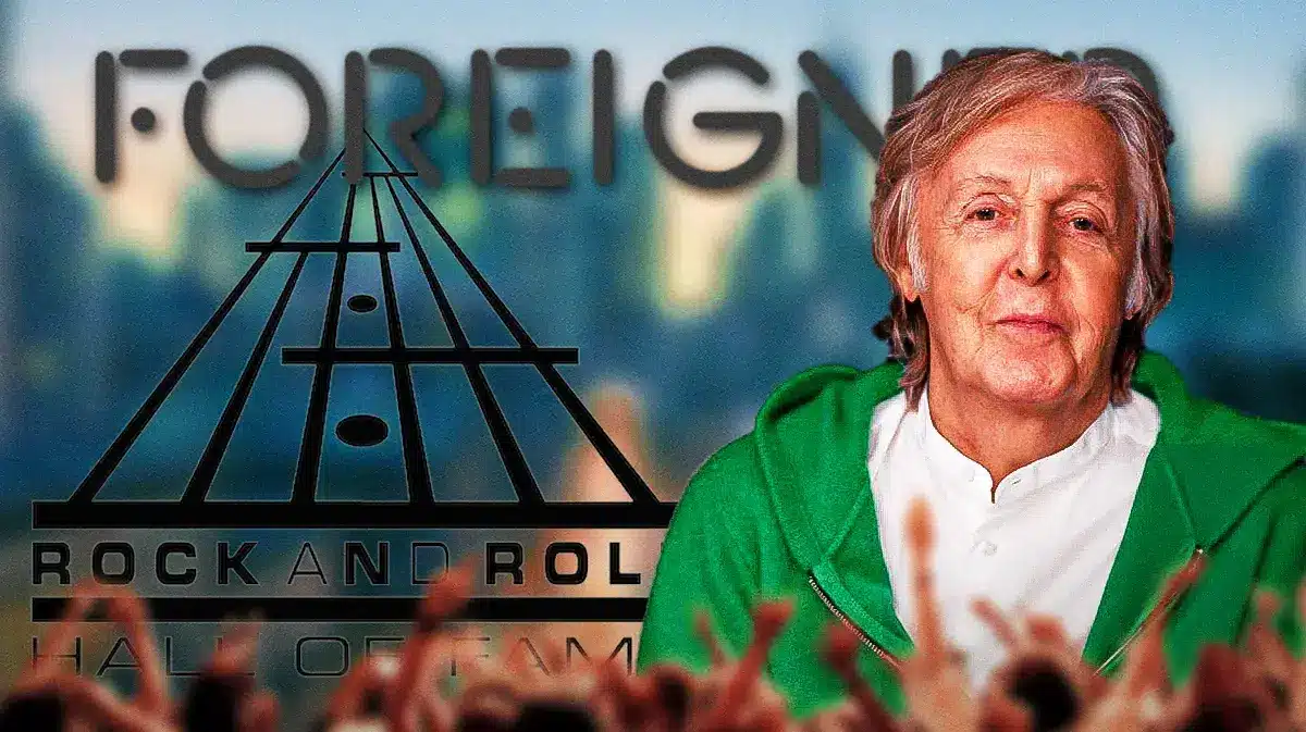 Paul McCartney next to Foreigner band logo and Rock and Roll Hall of Fame logo.