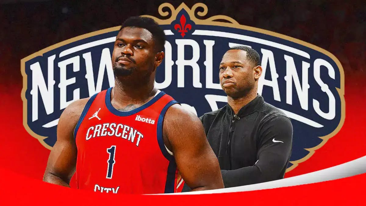 Zion Williamson and Willie Green in front of a Pelicans logo