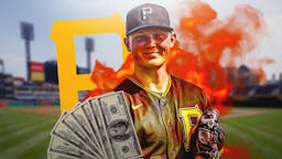 Mitch Keller in middle of image looking happy with fire around him and money to represent contract, PIT Pirates logo, baseball field in background