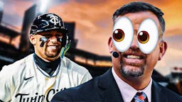 MLB analyst Sean Casey with emoji eyes in his eyes looking at Twins Royce Lewis at Target Field