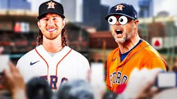 Astros' Ryan Pressly eyes popping out looking at Astros' Josh Hader. Minute Maid Park background.