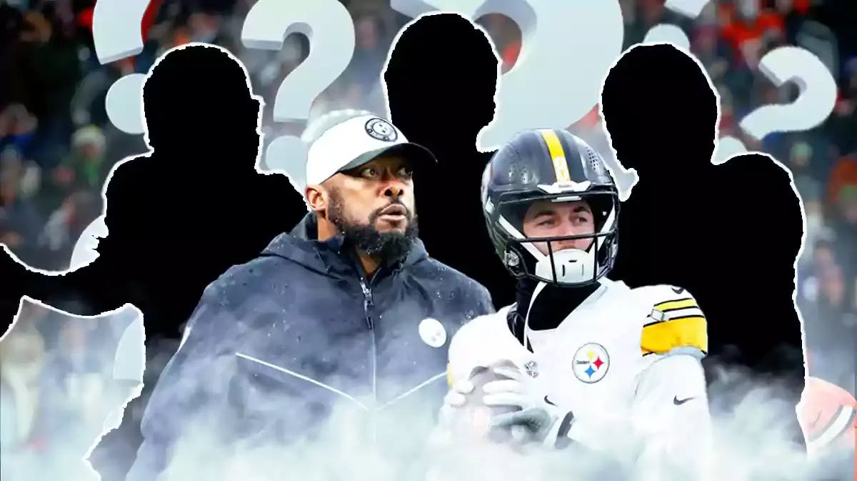 Mike Tomlin and Kenny Pickett next to each other in the middle Silhouettes of Ryan Tannehill, Justin Fields and Russell Wilson behind them with question marks around them