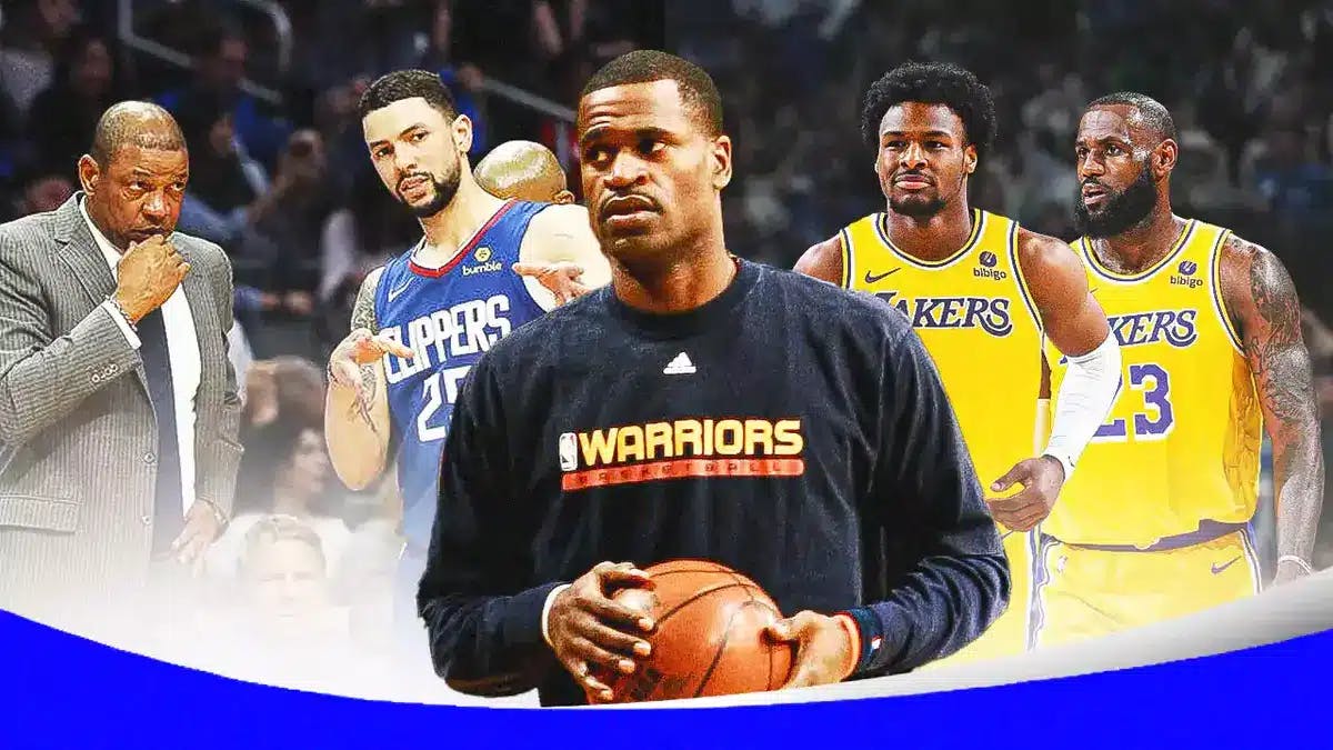 Stephen Jackson angry in the middle with the thumbs down emojis all over him, with a picture of Austin Rivers and Doc Rivers together with the Clippers on the left, and a picture of Lakers' LeBron James and Bronny James together on the right