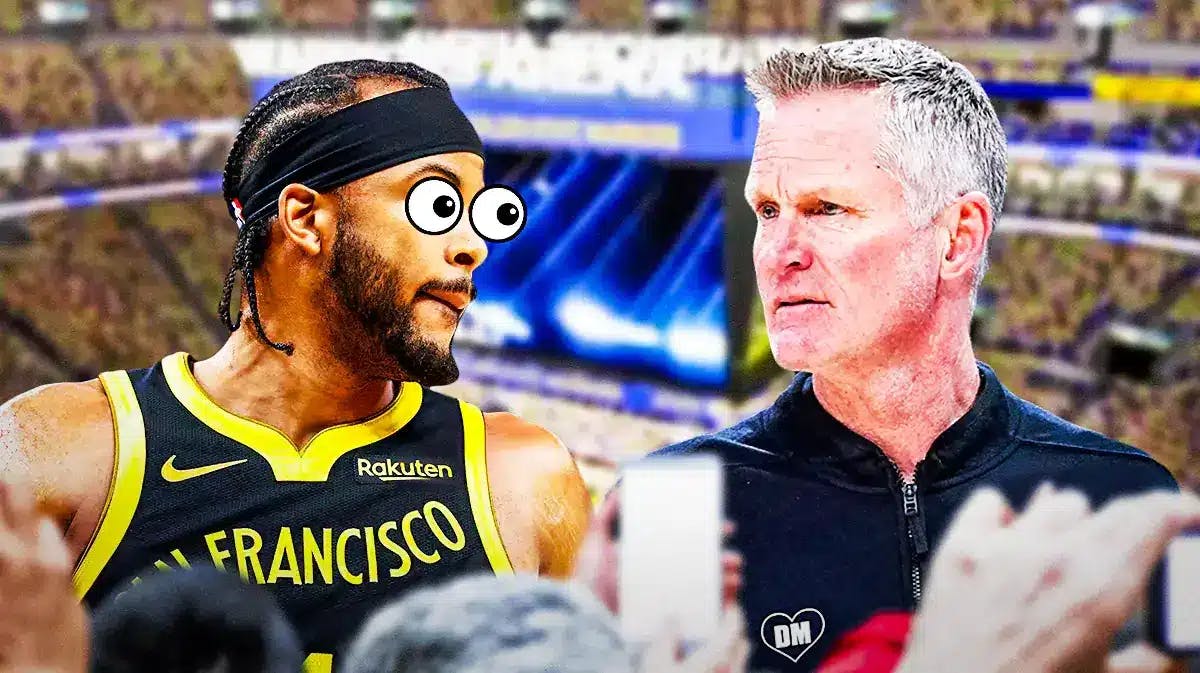 Steve Kerr on one side, Moses Moody on the other side with the big eyes emoji over his face