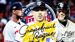 Byron Buxton, Royce Lewis, Carlos Correa all together with Twins logo in background and Grapefruit League logo in front.