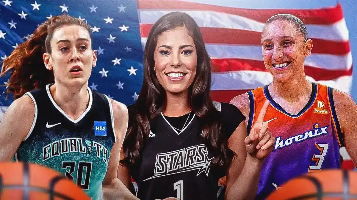 WNBA players Diana Taurasi, Kelsey Plum and Breanna Stewart, in front of an American flag