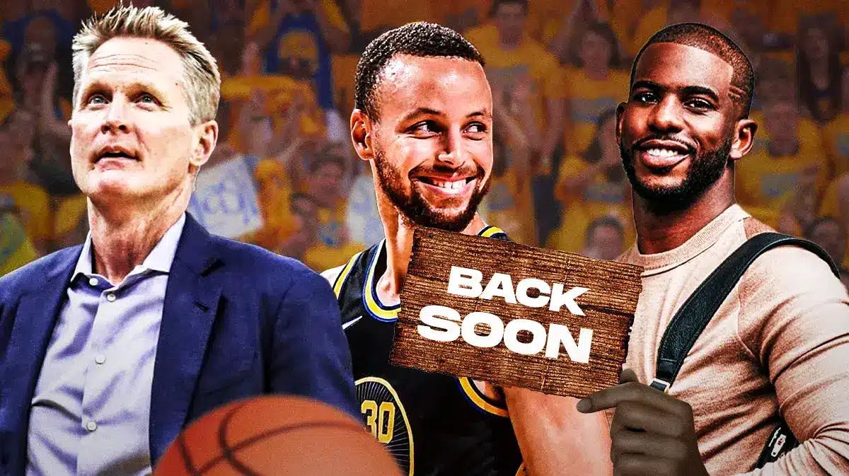 Warriors' Steve Kerr and Stephen Curry smiling, with Chris Paul (in casual clothes) holding a “Back soon” sign